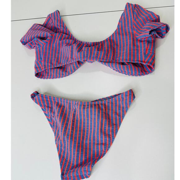 Solid & Striped Lilac & Orange Striped Front Tie Bikini 2 Piece Bathing Suit M - Picture 6 of 12